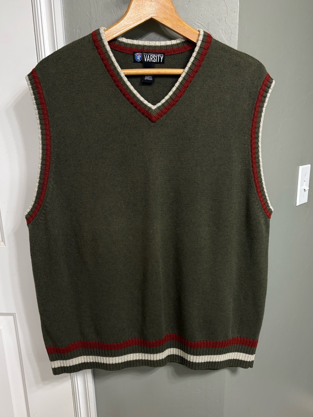 Roundtree & Yorke Olive V-Neck Sweater Vest with Red and Cream Trim